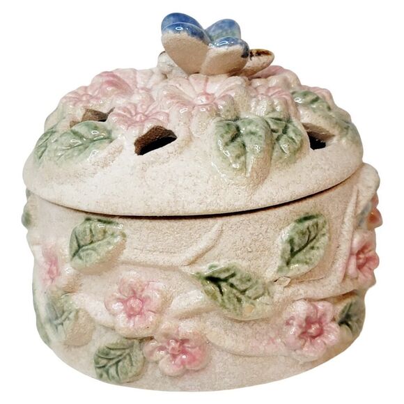 Vintage Potpourri Trinket Box Lidded Jewelry Box With Dragon Fly Floral - Picture 4 of 12